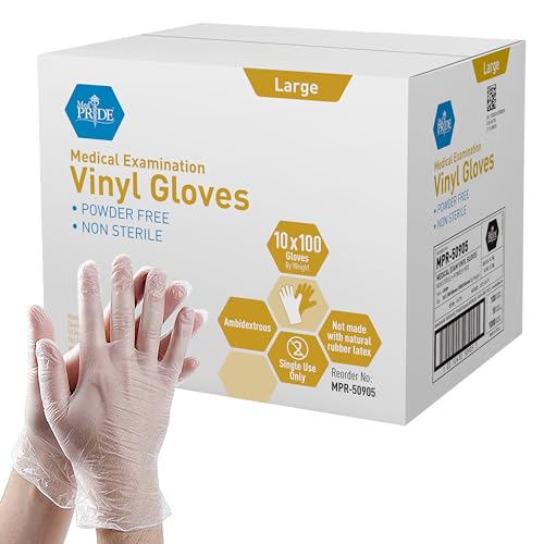 MED PRIDE Medical Vinyl Examination Gloves (Large, 1000-Count) Latex & Rubber Free, Ultra-Strong, Clear Disposable Powder-Free Gloves for Healthcare & Food Handling Use