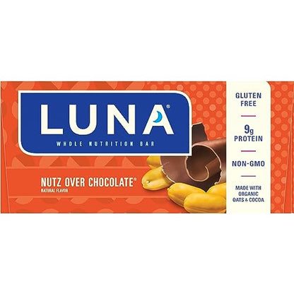 LUNA Bar - Nutz Over Chocolate Flavor - Gluten-Free - Non-GMO - 7-9g Protein - Made with Organic Oats - Low Glycemic - Whole Nutrition Snack Bars - 1.69 oz. (15 Count)