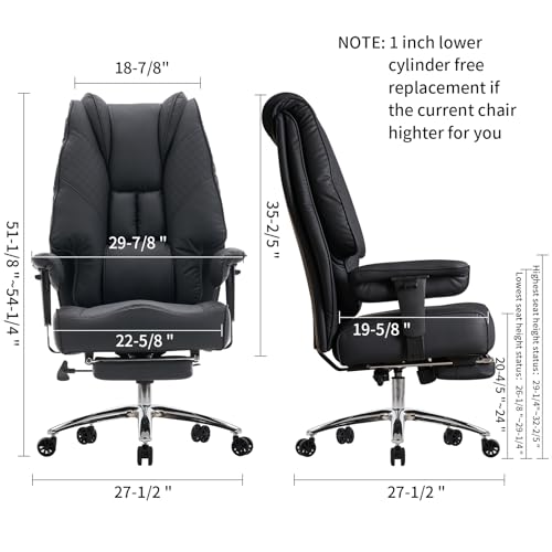 EXCEBET Big and Tall Office Chair 400lbs Wide Seat, Leather High Back Executive Office Chair with Foot Rest, Ergonomic Office Chair Lumbar Support for Lower Back Pain Relief (Black)