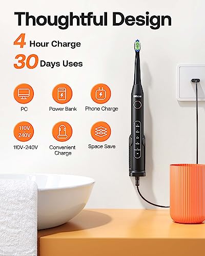 Bitvae Electric Toothbrush for Adults - Ultrasonic Electric Toothbrushes with 8 Brush Heads, ADA Accepted Power Rechargeable Toothbrush with 5 Modes, Smart Timer, Black D2