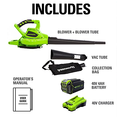 Greenworks 40V (185 MPH / 340 CFM / 75+ Compatible Tools) Cordless Brushless Leaf Blower / Vacuum, 4.0Ah Battery and Charger Included