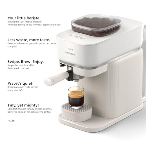 Philips Baristina Espresso Machine+Milk Frother Bundle. Real espresso. Compact coffee machine, portafilter, grinder, Cafe Crema. Dairy & Non-Dairy Milk foam. Hot & Cold. Easy Clean. White (BAR303/00)