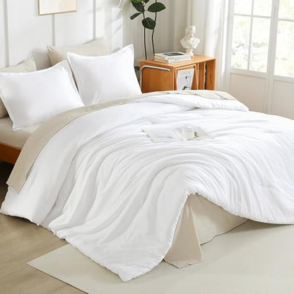 Litanika White Comforter Set Queen Size, 3 Pieces Lightweight Solid Bedding Comforter Set, All Season Fluffy Bed Set (90x90In Comforter & 2 Pillowcases)