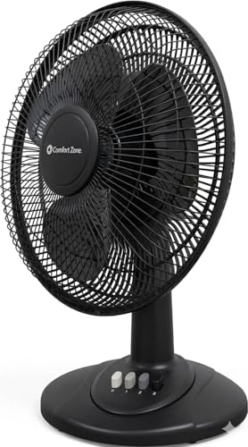 Comfort Zone Oscillating Table Fan with Adjustable Tilt, Convenient Push Button Controls, Quiet, 12 inch, 3 Speed, Desk Fan, Airflow 7.25 ft/sec, Ideal for Home, Bedroom, Dorm & Office, CZ121BK