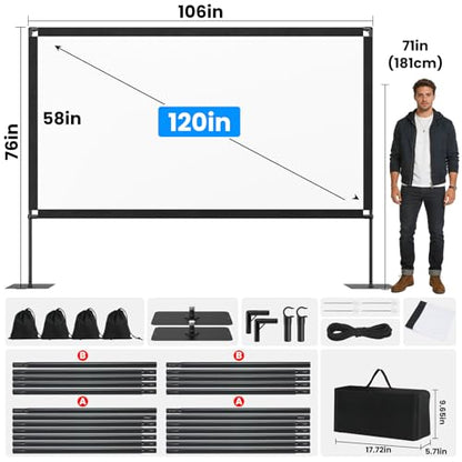 120inch Projector Screen with Stand: Portable Projector Screen Outdoor Indoor Front/Rear16:9 4K HD with Carry Bag Sandbag- Movie Screen for Backyard Moive Night, Camping, Theater