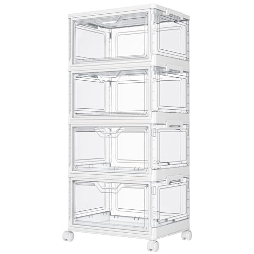 Kmiectse Clear Storage Bins with Lids - 4 Tier Plastic Bins with Wheels, Stackable Storage Bin, Closet Organizers Box for Bedroom, Living Room, 23 QT Folding Box with Magnetic Door