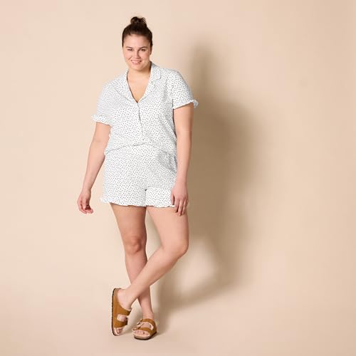 Amazon Essentials Women's Cotton Modal Piped Notch Collar Pajama Set (Available in Plus Size), White Dots Print, Medium