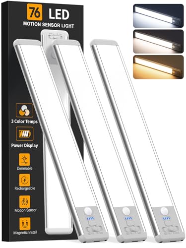 Under Cabinet Lighting Wireless, Rechargeable 10inch Motion Sensor Light Indoor, 3 Color Closet Light Battery Operated with LED Power Display, Magnetic Under Counter Lights for Kitchen, Home (3Pack)