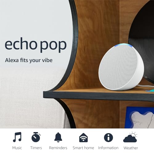 Amazon Echo Pop | Alexa fits in anywhere: bedroom, living room, bathroom, office, and small spaces | Glacier White