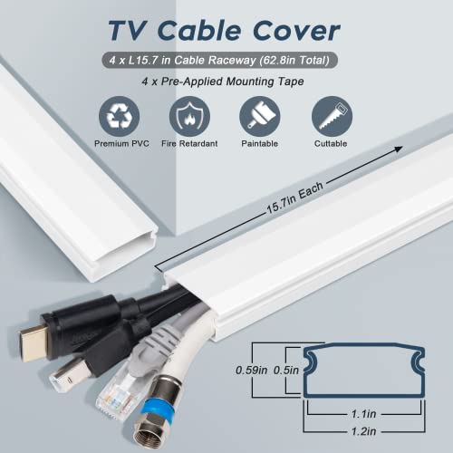 TV Cable Hider - 62.8in PVC Cord Hider Cable Management Wall, Paintable Cable Concealer for Wall Mounted TV, Cable Raceway White Wire Hider, Wall Wire Covers for Cords, 4* L15.7in *W1.2in *H0.59in