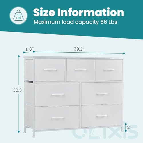 OLIXIS Dresser for Bedroom, 7 Storage Drawers, Wide Fabric Closet Chests Organizer Tower Furniture, TV Stand with Wooden Top Metal Frame for Clothes, Living Room, Hallway, Entryway, Classic White