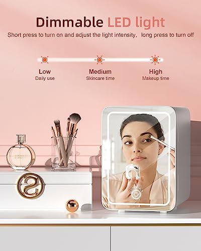 Skincare Fridge With Dimmable LED Light Mirror, 4L Makeup Mini Fridge for Bedroom, Car, Office & Dorm, Cooler & Warmer, Portable Small Refrigerator for Cosmetics, Skin Care and Food, White