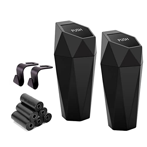 Ginsco Car Trash Can Cup Holder, 2 Pack Mini Trash Can with Lid, Car Accessories for Interior, Leakproof Small Trash Cup for Home with Additional 2 ABS Hooks and 90pcs Trash Bags Black