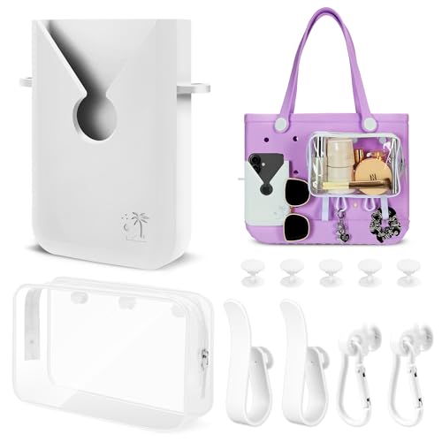 Sznauy 6PCS Compatible with Original Medium and Large Bogg Bag,Phone Holder for Inside and Outside of Bogg Bag Accessories,PVC Insert Bags,Hooks,and Keychain(White)