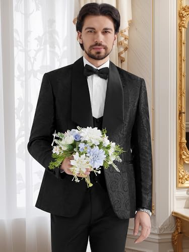 MAGE MALE Mens 3 Piece Floral Tuxedo Suits Slim Fit Paisley Shawl Lapel Suit for Dinner Prom Wedding Black