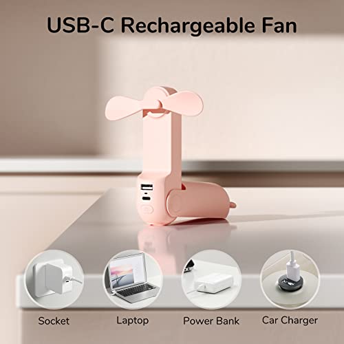JISULIFE Handheld Mini Fan, 3 IN 1 Hand Fan, USB Rechargeable Small Pocket Fan [12-19 Working Hours] with Power Bank, Flashlight, Portable Fan for Travel/Summer/Concerts/Lash, Gifts for Women(Pink)