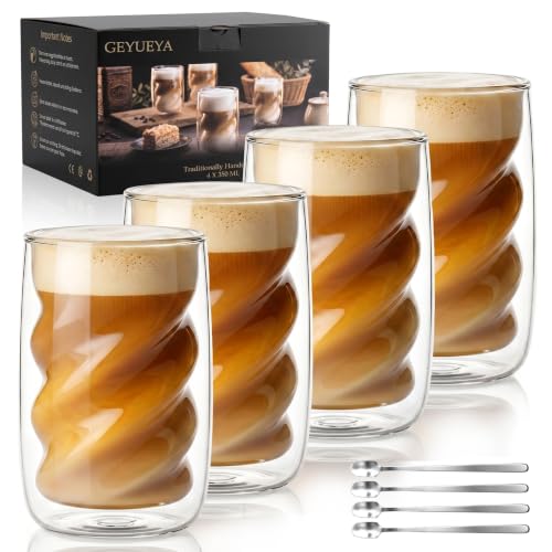 GEYUEYA Home Double-Layered Spiral Coffee Cups—Set of 4 with Spoons | The rim is smooth and comfortable to hold, making it ideal for lattes and American coffee (11.8 OZ)
