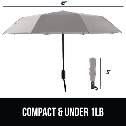 GORILLA GRIP Windproof Compact Stick Umbrella for Rain, One-Click Automatic Open and Close, Strong Reinforced Fiberglass Ribs, Easily Collapsible, Lightweight Portable Umbrellas for Travel, Gray