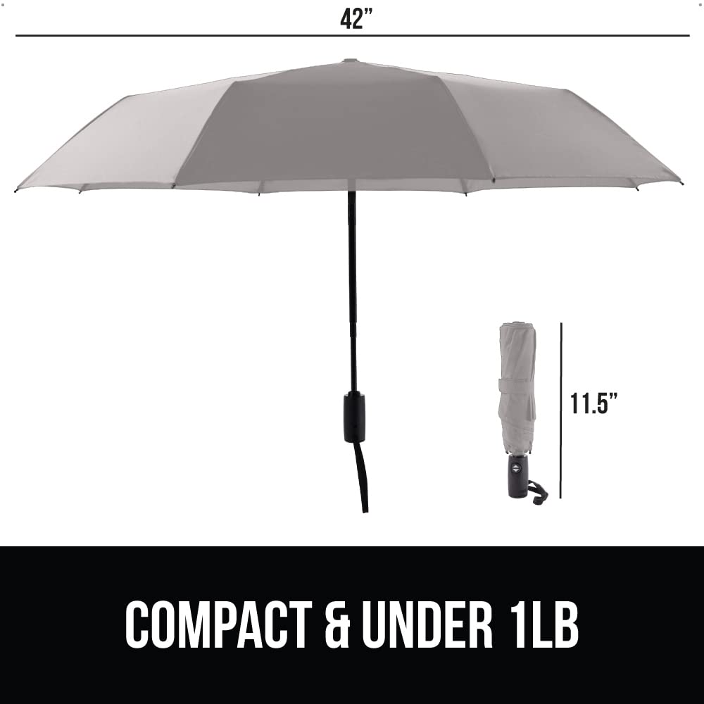 GORILLA GRIP Windproof Compact Stick Umbrella for Rain, One-Click Automatic Open and Close, Strong Reinforced Fiberglass Ribs, Easily Collapsible, Lightweight Portable Umbrellas for Travel, Gray