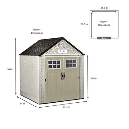 Rubbermaid Resin Outdoor Storage Shed With Floor (7 x 7 Ft), Weather Resistant, Beige/Brown, Organization for Home/Backyard/Garden Tools/Lawn Mower/Bike Storage/Pool Supplies