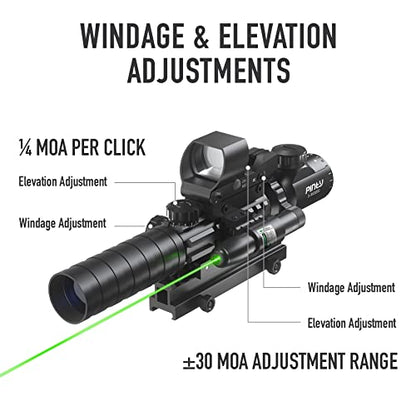 Pinty 4-in-1 Rifle Scope Combo, 3-9x32 Rangefinder Scope, Red & Green Dot Sight, Green Laser, 14 Slots Riser