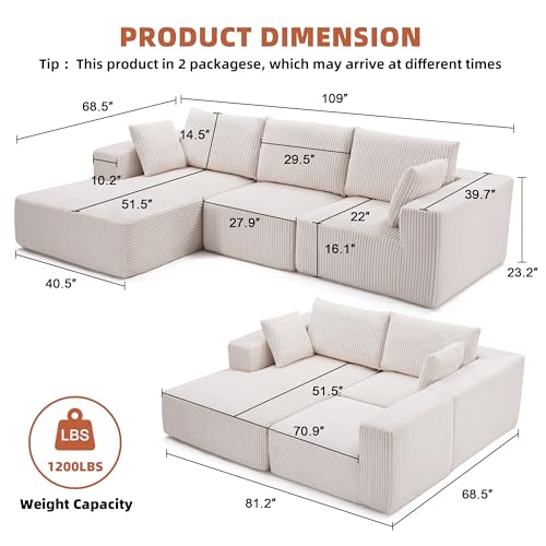 108” Modular Sectional Sofa, Cloud Sectional Couch with Deep Seat, Modern Modular L-Shape Sofa Couch with Chaise,Upholstered Boneless Couches for Living Room Bedroom (Beige, Left Facing Chaise)