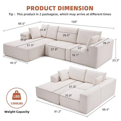 108” Modular Sectional Sofa, Cloud Sectional Couch with Deep Seat, Modern Modular L-Shape Sofa Couch with Chaise,Upholstered Boneless Couches for Living Room Bedroom (Beige, Left Facing Chaise)