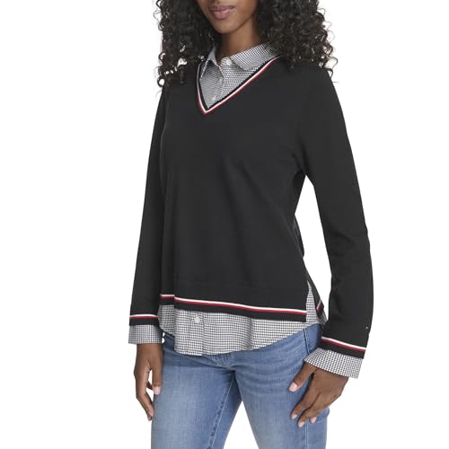 Tommy Hilfiger Women's Sportswear Layered Two-Piece Sweater Shirt, Black Multi, X-Small