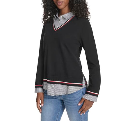 Tommy Hilfiger Women's Sportswear Layered Two-Piece Sweater Shirt, Black Multi, X-Small