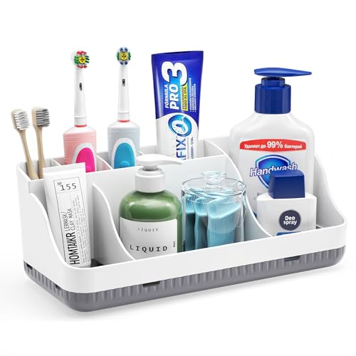 Bathroom Counter Organizer and Storage, 7 Slots Detachable Toothbrush Holders for Bathrooms, Anti-Slip Electric Toothbrush and Toothpaste Holder Countertop Vanity Organizer