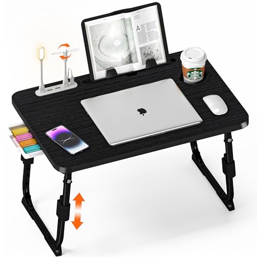 Lap Desk for Bed, Adjustable Laptop Desk with USB Charging Port, Storage Drawer & Bookshelf — Foldable Bed Desk for WFH & Students, 23.6" Desktop Fits 17" Laptop, Non-Slip, Black