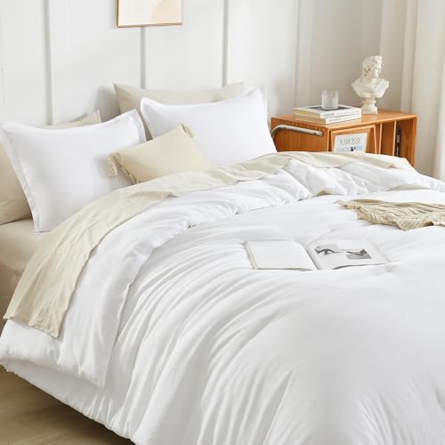 Litanika White Comforter Set Queen Size, 3 Pieces Lightweight Solid Bedding Comforter Set, All Season Fluffy Bed Set (90x90In Comforter & 2 Pillowcases)