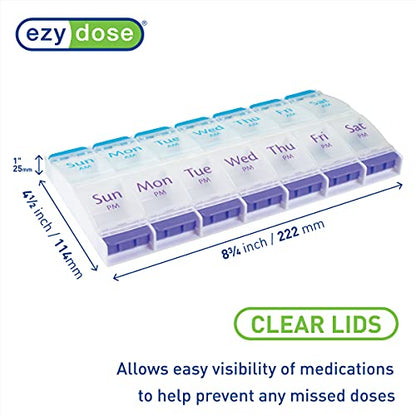 EZY DOSE Push Button (7-Day) Pill Case, Medicine Planner, Vitamin Organizer, 2 Times a Day AM/PM, Large Compartments, Arthritis Friendly, Clear Lids, Purple/Blue