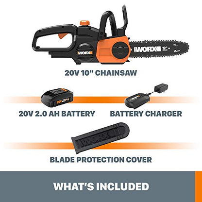 Worx 20 V 10" Cordless Chainsaw, Auto-lubrication, Tool-less Chain Tension, PowerShare, WG322- Battery & Charger Included