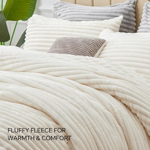 BEDELITE Fleece King Comforter Set, Fluffy Bed Set, Cream White