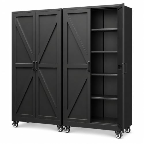 BYNSOE Metal Garage Storage Cabinet with 4 Adjustable Shelves Storage Cabinet with Wheels Steel Tool Cabinets with Locking Door for Home, School, Office, Garage (Black, 75 inch)