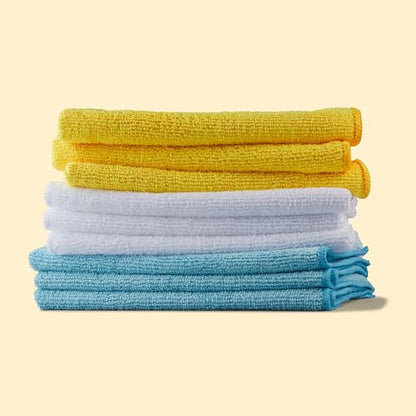 Amazon Basics Microfiber Cleaning Cloths, Non-Abrasive, Reusable and Washable, Pack of 24, Blue/White/Yellow, 16" x 12"