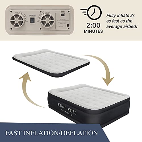 King Koil Pillow Top Plush Queen Air Mattress With Built-in High-Speed Pump Best For Home, Camping, Guests, 20" Queen Size Luxury Double Airbed Adjustable Blow Up Mattress, Waterproof, 1-Year Warranty