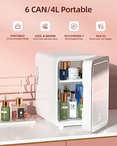 Skincare Fridge With Dimmable LED Light Mirror, 4L Makeup Mini Fridge for Bedroom, Car, Office & Dorm, Cooler & Warmer, Portable Small Refrigerator for Cosmetics, Skin Care and Food, White