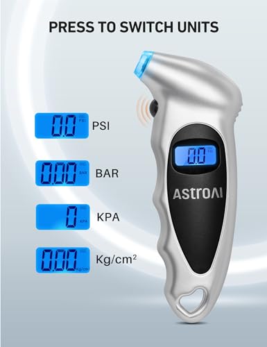 AstroAI Digital Tire Pressure Gauge 150 PSI 4 Settings for Car Truck Bicycle with Backlight LCD and Non-Skid Grip Car Accessories, Silver (1 Pack)