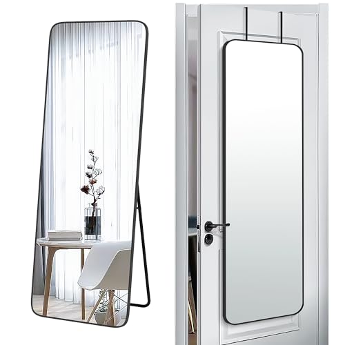 SCWF-GZ 57x20 Door Hanging Full Length Mirror, Floor Stand (Height 5.7ft just Body in1.3ft) Wall Mounted Metal Frame Rectangle Dressing Mirrors for Bedroom Living Room 57 inch Black