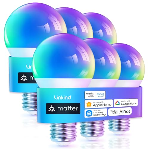 Linkind Matter Smart Light Bulb, WiFi Smart Bulbs, Work with Apple Home, Siri, Alexa, Google, SmartThings, AiDot, RGBTW Color Changing Bulbs Mood Lighting, Music Sync, A19 E26 60W, 2.4Ghz WiFi 6 Pack