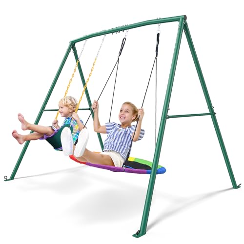 Trekassy 440lbs Swing Sets for Backyard, 2 Seat Saucer & Belt Swing - Green