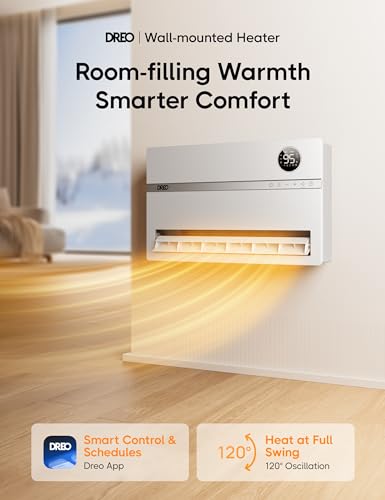 Dreo Smart Wall Heater, Electric Space Heater for Bedroom 1500W, 120° Vertical Oscillation, Adjustable Thermostat, Remote Control, 24H Timer, Easy-Mount Heater for Indoor Use, Works with Alexa, WH719S