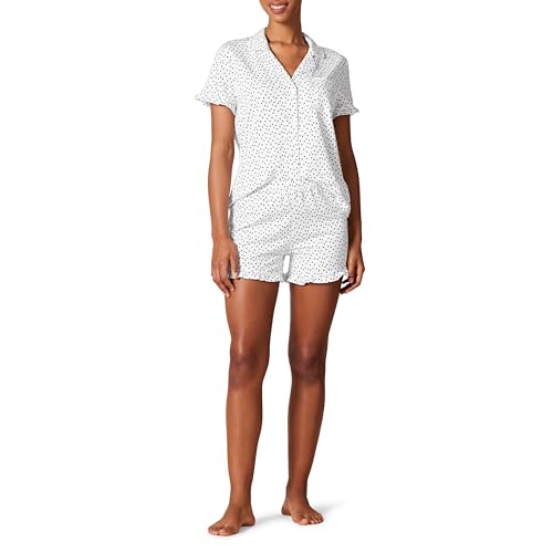 Amazon Essentials Women's Cotton Modal Piped Notch Collar Pajama Set (Available in Plus Size), White Dots Print, Medium