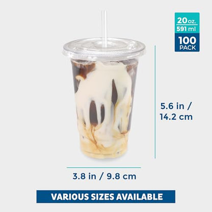 Freshware Clear Plastic Cups with Flat Lids and Straws [100 Cups - 20 oz] Disposable Tumblers for Iced Coffee, Smoothie, Milkshake, Cold Drinks