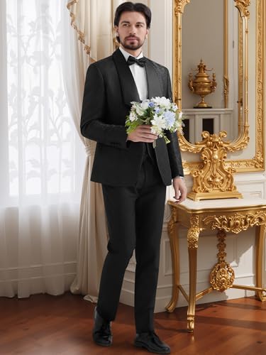 MAGE MALE Mens 3 Piece Floral Tuxedo Suits Slim Fit Paisley Shawl Lapel Suit for Dinner Prom Wedding Black