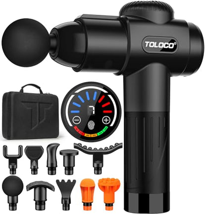 TOLOCO Massage Gun, Deep Tissue Back Massage for Athletes for Pain Relief, Percussion Massager with 10 Massages Heads & Silent Brushless Motor, Black