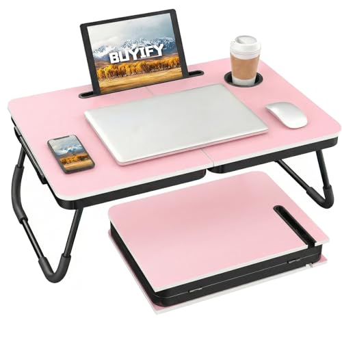BUYIFY 23.4" Foldable Lap Desk Bed Table with Cup Holder Portable Tray