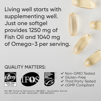 Sports Research Triple Strength Omega 3 Fish Oil - Burpless Fish Oil Supplement w/EPA & DHA Fatty Acids from Single-Source Wild Alaska Pollock - 1250 mg, 180 ct